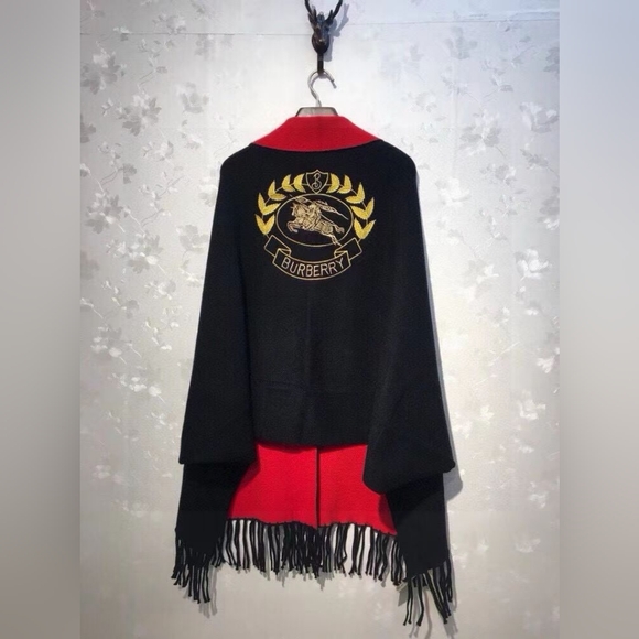 Burberry Black and Red Embroidered Logo Letter Cavalry Tassel Shawl - Picture 2 of 8